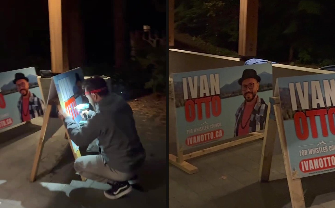 Ivan screwing a sign onto a wooden A-frame at night, and two finished signs